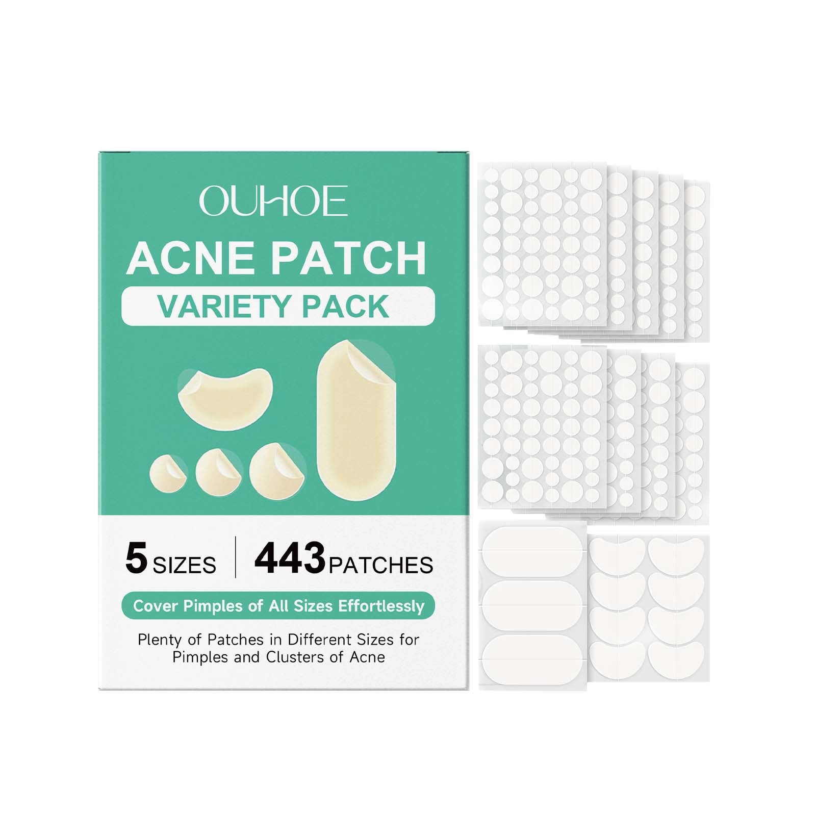 ClearSkin Jumbo | Hydrocolloid Acne Pimple Blemish Patches for Face and Nose — 5 Sizes, 443 Count