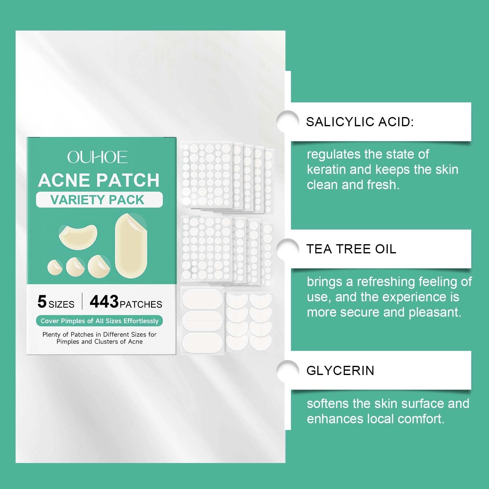 ClearSkin Jumbo | Hydrocolloid Acne Pimple Blemish Patches for Face and Nose — 5 Sizes, 443 Count