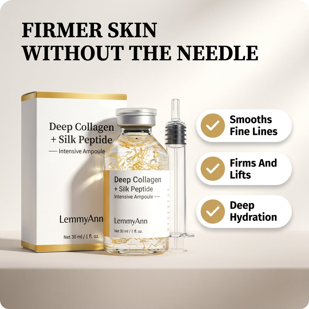 LemmyAnn Deep Collagen + Silk Peptide intensive ampoule set with its box, a glass vial, and a syringe applicator on a light beige background with promotional text and feature badges.