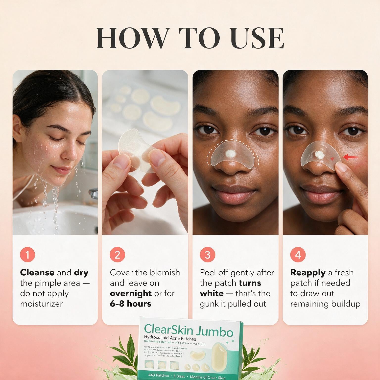 ClearSkin Jumbo | Hydrocolloid Acne, Pimple, Blemish Patches for Face and Nose — 5 Sizes, 443 Count