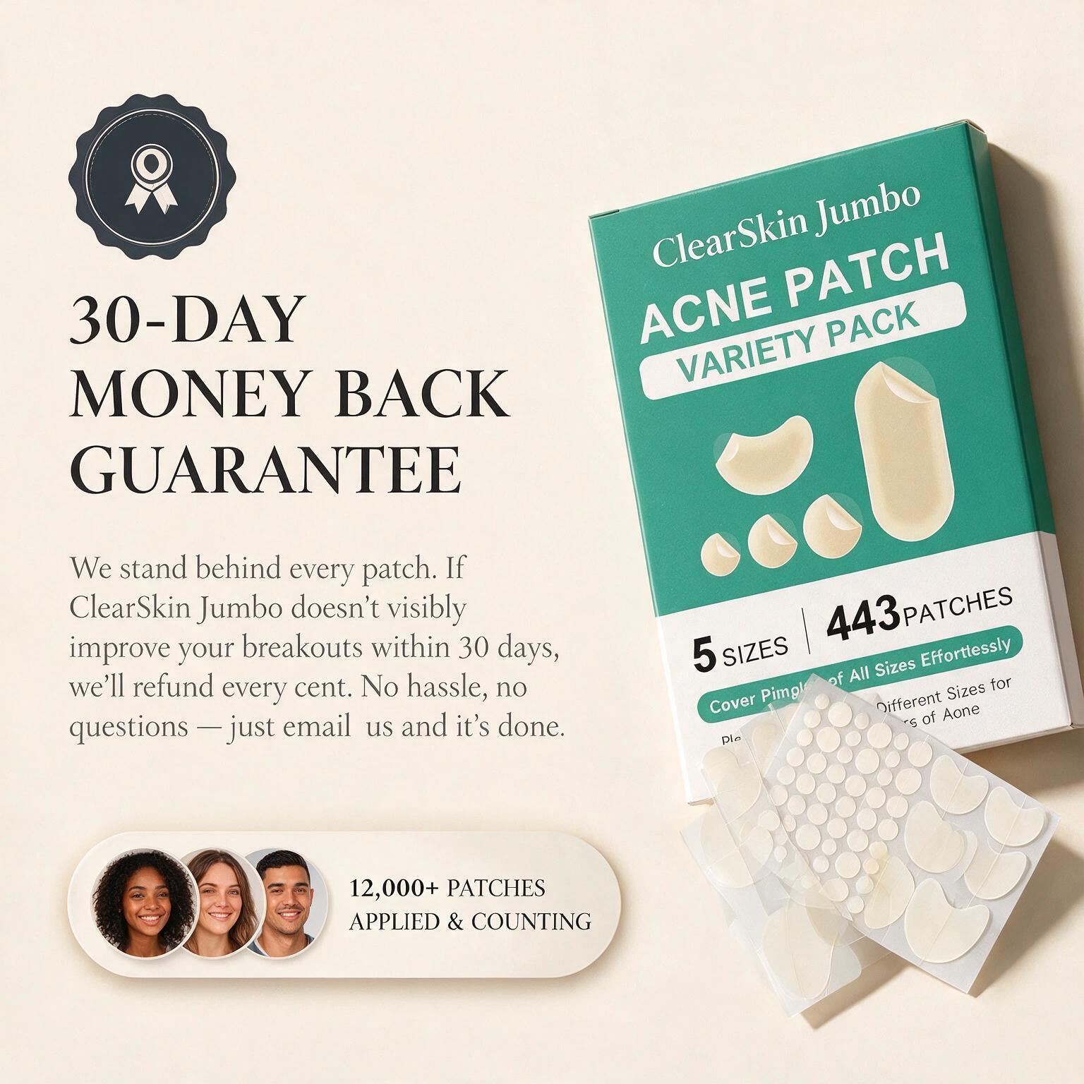 ClearSkin Jumbo | Hydrocolloid Acne, Pimple, Blemish Patches for Face and Nose — 5 Sizes, 443 Count