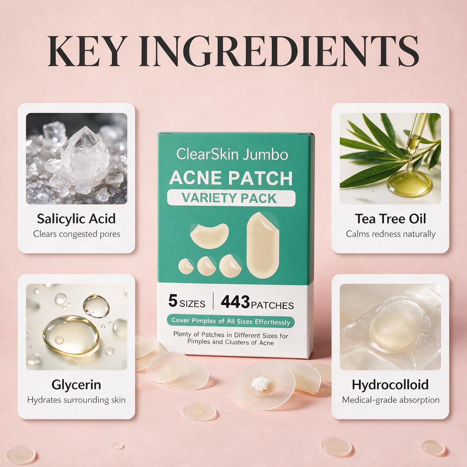 ClearSkin Jumbo | Hydrocolloid Acne, Pimple, Blemish Patches for Face and Nose — 5 Sizes, 443 Count